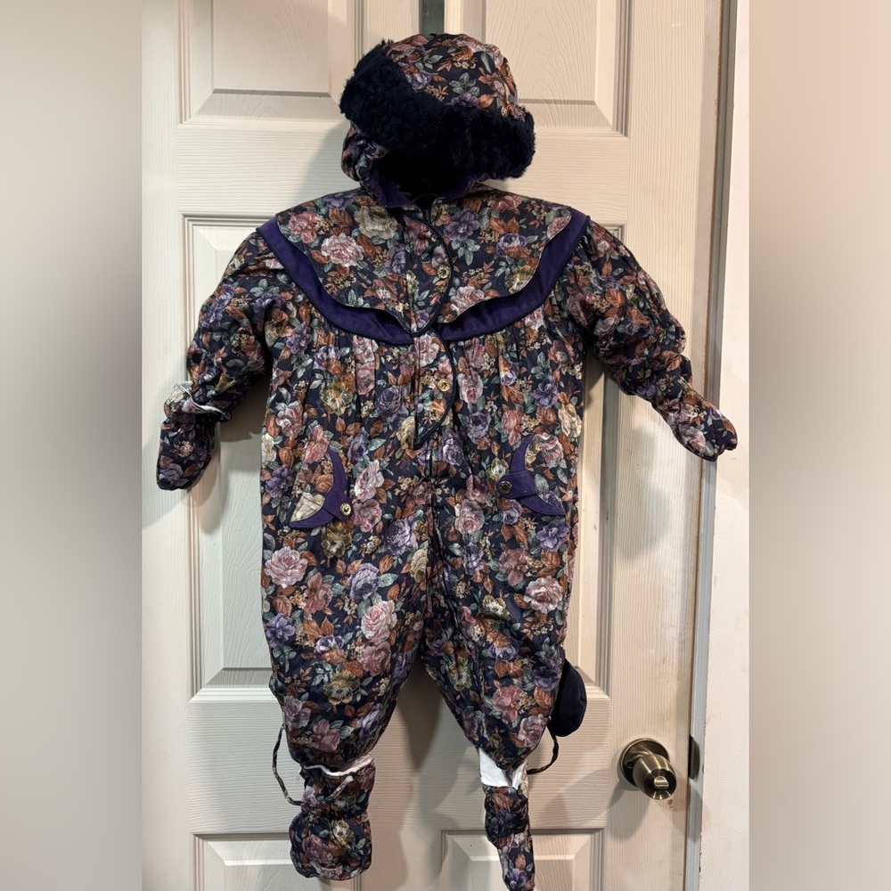 Vtg 80s Giacca Young Valley One-Piece Snow Suit Hood Mittens Booties Retro 24m